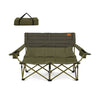Oversized green camping loveseat with thick padding, cup holders, and quick folding design for easy portability.