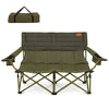 Oversized green camping loveseat with thick padding, dual cup holders, and quick folding design for easy portability.