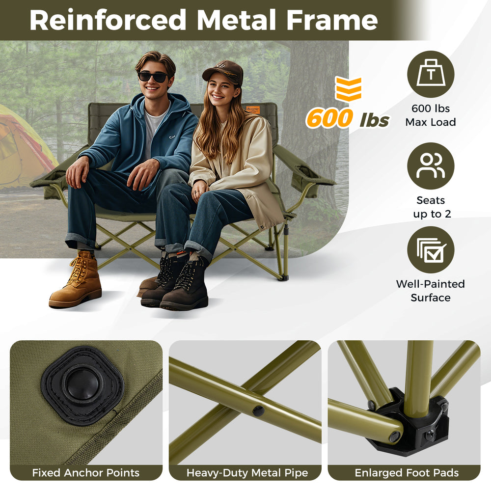 Oversized green camping loveseat with cup holders, thick padding, and reinforced metal frame for up to 600 lbs capacity.