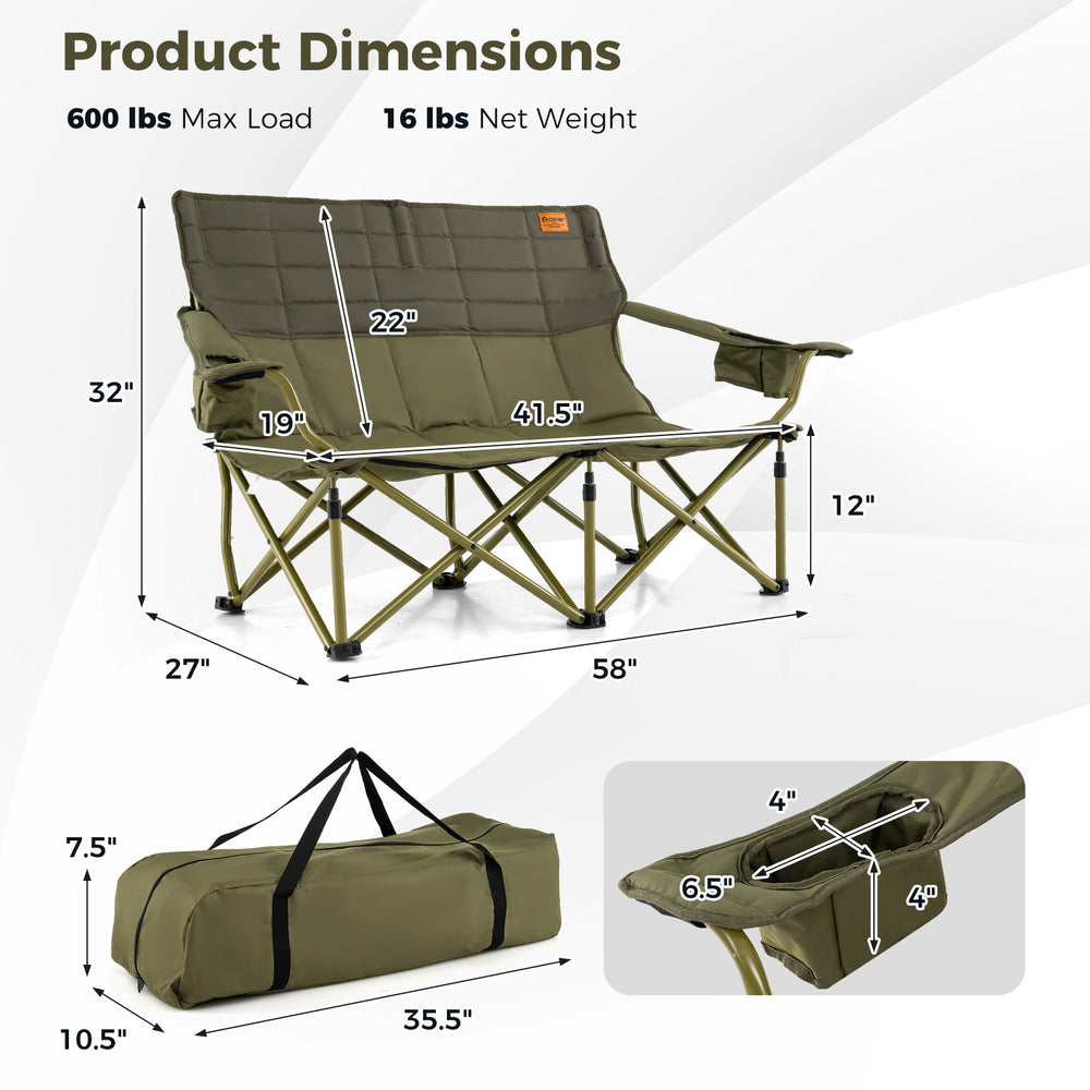 Detailed dimensions of the oversized green camping loveseat, showcasing its 600 lbs capacity and 16 lbs weight for.