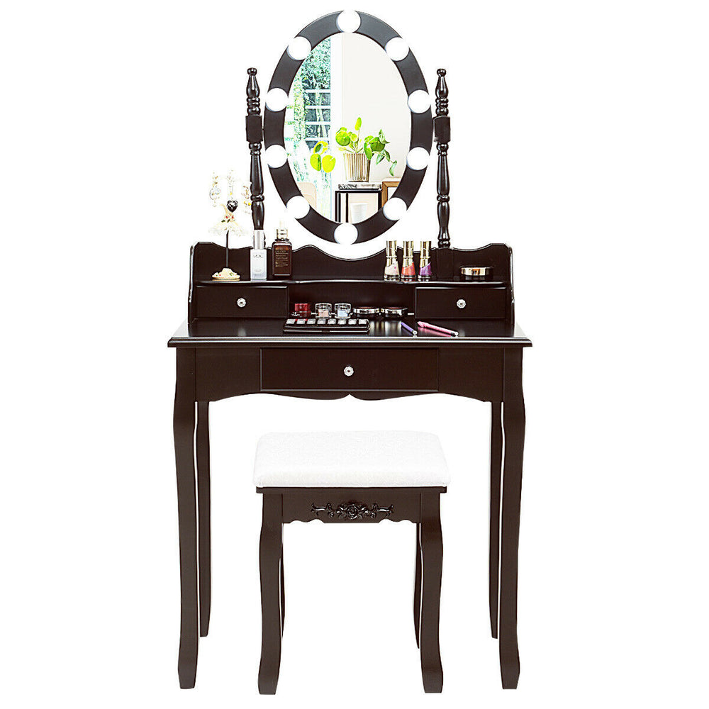 Brown Oval Mirror Vanity Set with 10 LED dimmable bulbs, 3 drawers, and a cushioned stool for comfortable makeup.