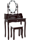 Oval mirror vanity set in brown with 10 LED bulbs, 3 drawers, and a cushioned stool for comfortable makeup application.