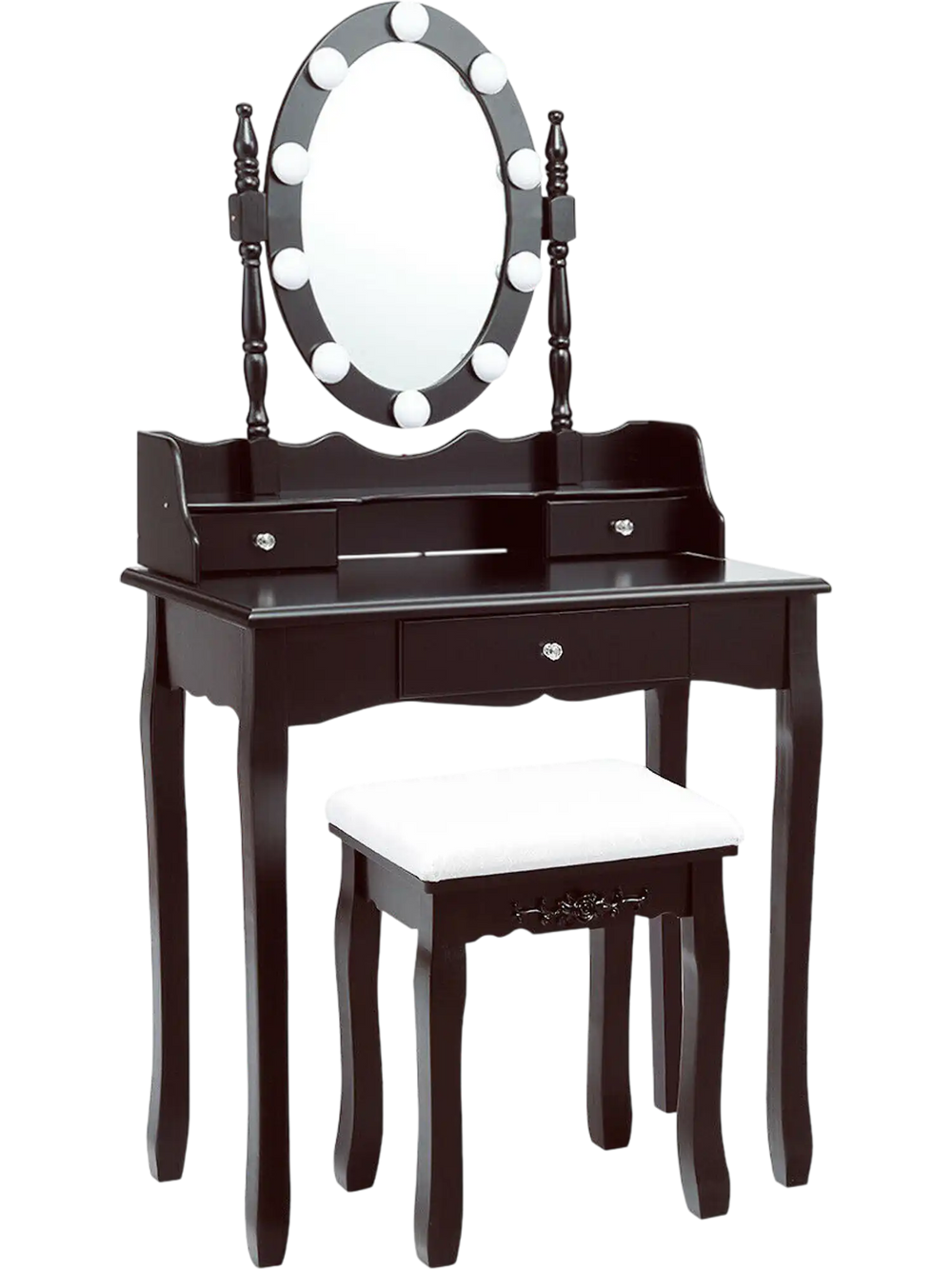 Oval mirror vanity set in brown with 10 LED bulbs, 3 drawers, and a cushioned stool for comfortable makeup application.