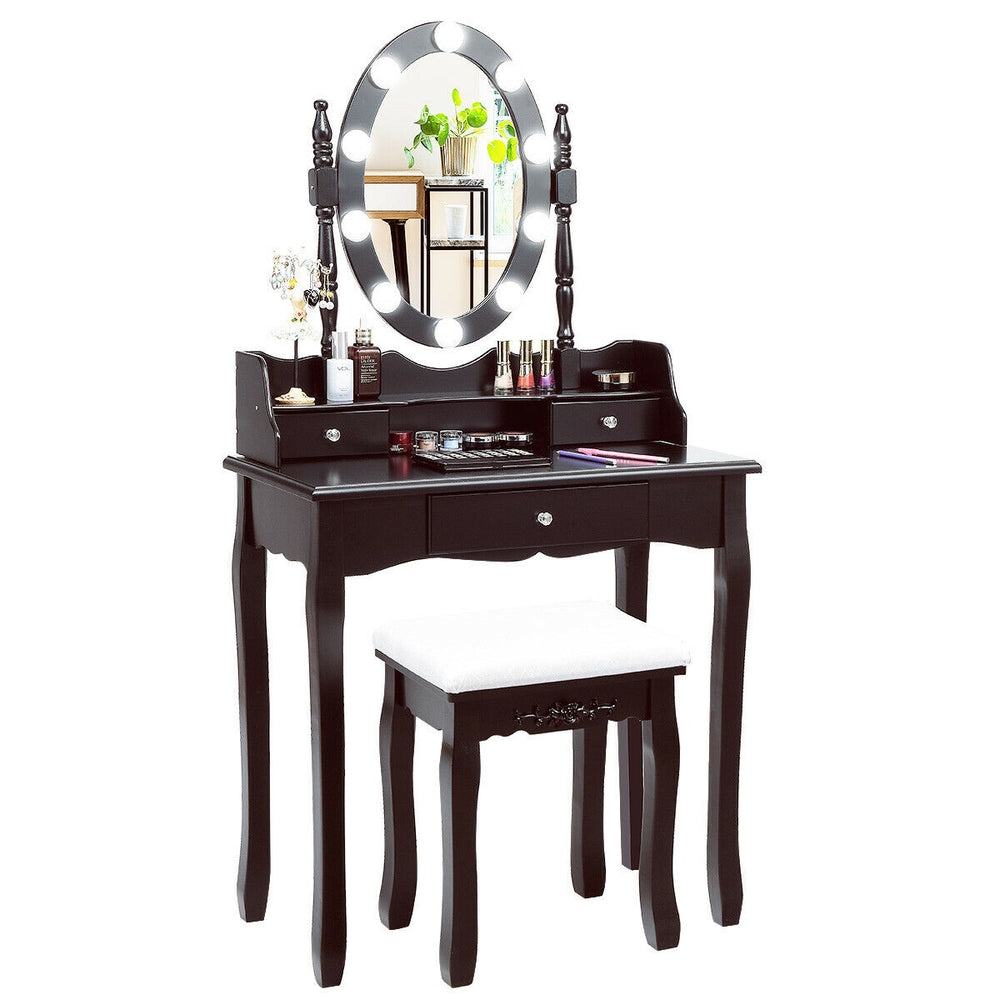Elegant brown vanity set featuring a spacious desktop with ample storage and a 360° rotatable mirror for versatile use.