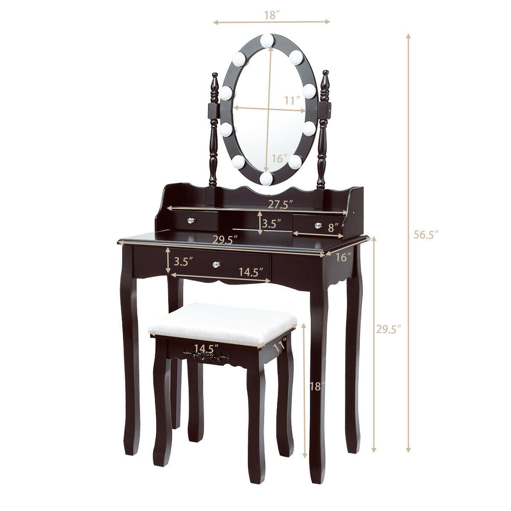 Brown oval mirror vanity set with 10 LED bulbs, 3 drawers, and a cushioned stool for comfortable makeup application.