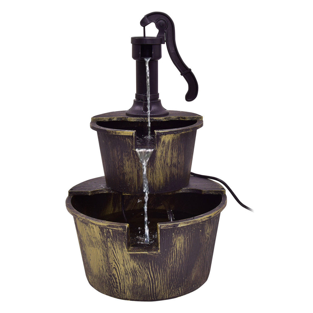 Two-tier outdoor barrel waterfall fountain with pump, perfect for garden or patio, creating a soothing ambiance.