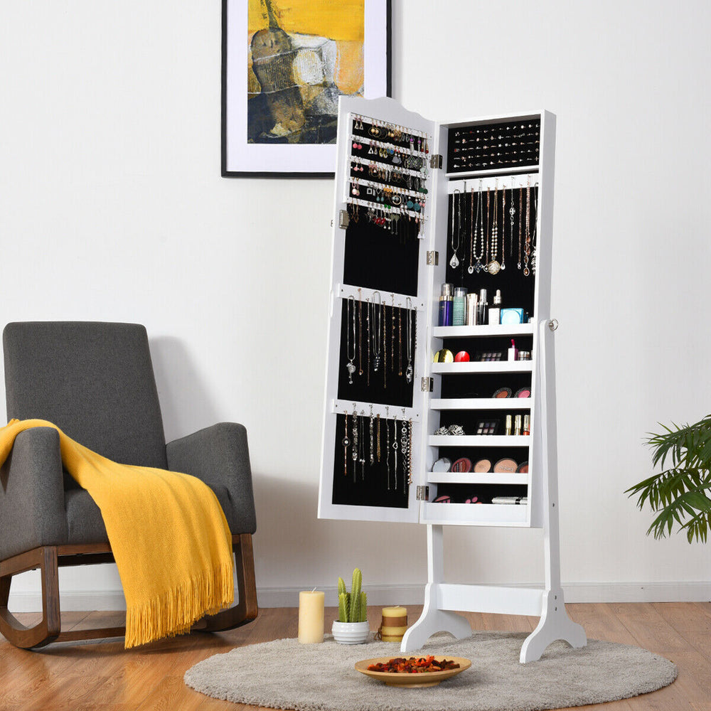 4-Angle Tilting Mirrored Lockable Jewelry Cabinet with Large Storage Capacity-White - Gallery View 1 of 12