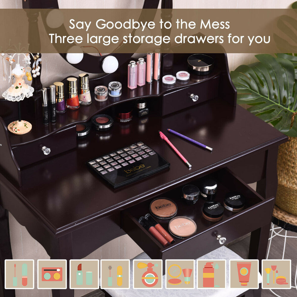 Brown Oval Mirror Vanity Set with 10 LED bulbs, featuring 3 spacious drawers for cosmetics and a comfortable stool.