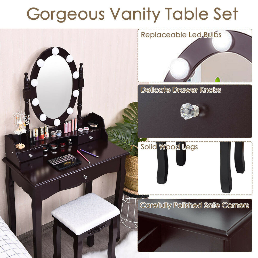 Close-up of the elegant crystal drawer knob on the brown oval mirror vanity set, enhancing its stylish design and.