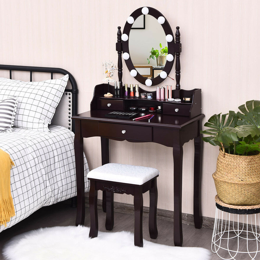 360° rotatable mirror of the brown vanity set with 10 LED bulbs, complemented by stylish crystal handles on the drawers.