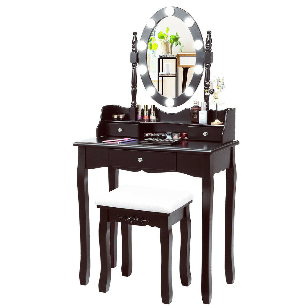 Brown oval mirror vanity set with 10 LED dimmable bulbs, 3 drawers, and a soft cushion stool for comfortable use.