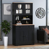 Black pantry cabinet featuring glass doors, two removable shelves, and bottom storage with doors, perfect for modern.