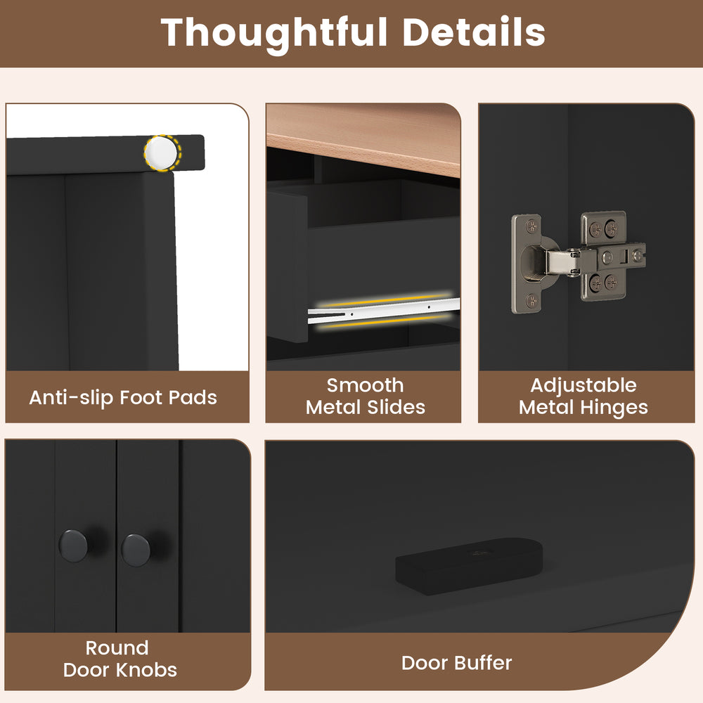 Pantry cabinet details showing adjustable metal hinges, smooth drawer slides, and anti-slip foot pads for stability.