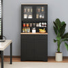 Pantry cabinet in black with glass doors, two removable shelves, and two drawers, perfect for kitchen storage.