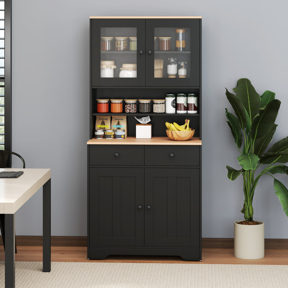 Pantry cabinet in black with glass doors, two removable shelves, and two drawers, perfect for kitchen storage.