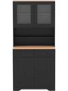 Pantry cabinet in black with glass doors, two removable shelves, and two drawers for organized storage in modern.