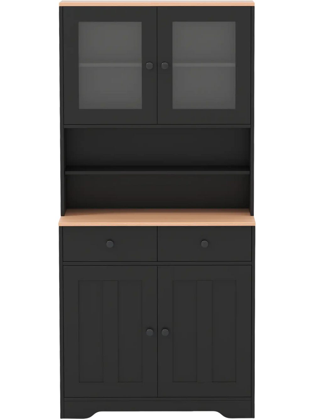 Pantry cabinet in black with glass doors, two removable shelves, and two drawers for organized storage in modern.