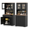Pantry cabinet in black with glass doors, 2 removable shelves, and 2 drawers for organized kitchen storage.