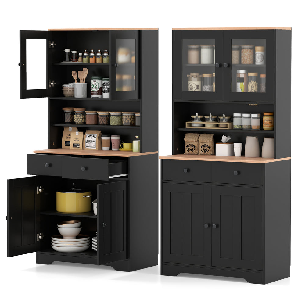 Pantry cabinet in black with glass doors, 2 removable shelves, and 2 drawers for organized kitchen storage.