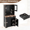 Pantry cabinet with black finish, featuring 2 removable shelves, glass doors, and 2 drawers for versatile storage.