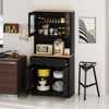 Pantry cabinet in black with glass doors, two removable shelves, and two drawers for stylish kitchen storage.