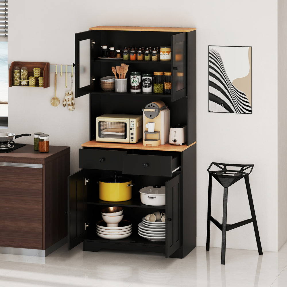Pantry cabinet in black with glass doors, two removable shelves, and two drawers for stylish kitchen storage.