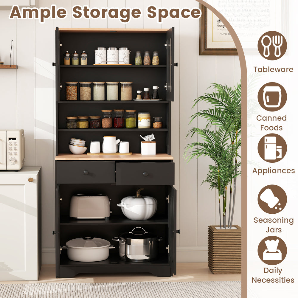 Pantry cabinet with sleek black finish and spacious bottom storage, ideal for kitchen organization and modern decor.