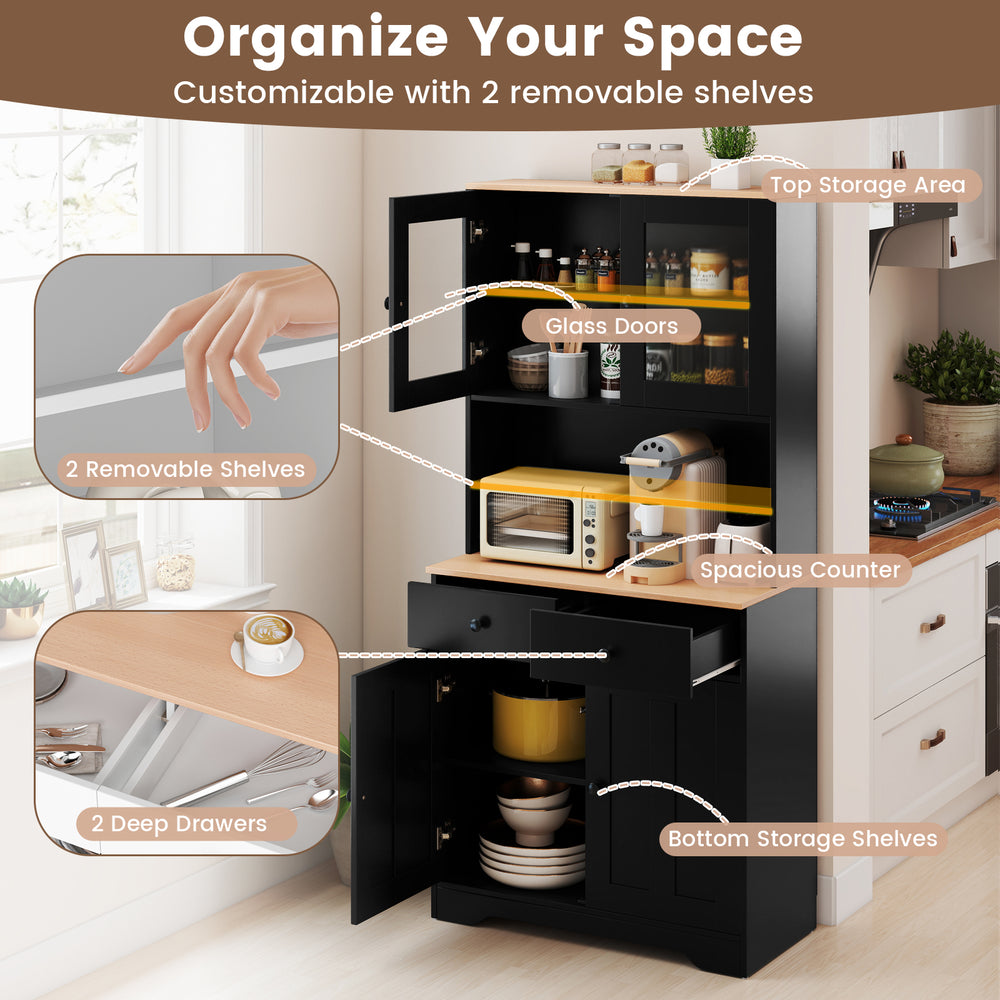 Pantry cabinet in black with glass doors, featuring 2 removable shelves and bottom storage for kitchen organization.