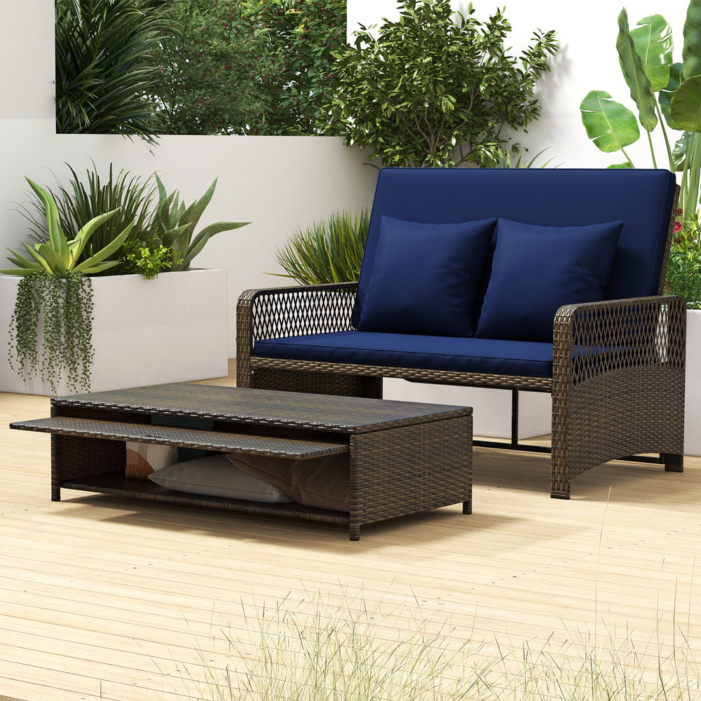 Patio Adjustable Wicker Daybed with 4-Level Backrest and Soft Cushions-Navy - Gallery View 1 of 11