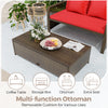 Versatile wicker ottoman with removable cushion, used as storage, extra seat, or coffee table for patio relaxation.