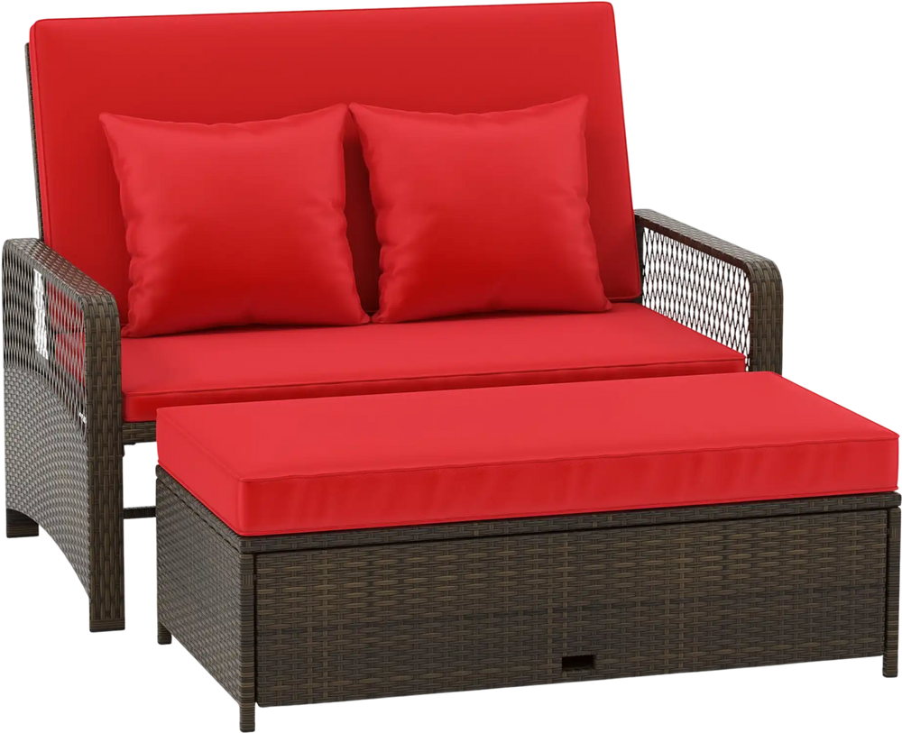 Patio wicker loveseat with red cushions and adjustable backrest, perfect for comfort and style in outdoor settings.