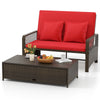 Loveseat patio sofa set with red cushions, adjustable backrest, and versatile ottoman for outdoor relaxation.