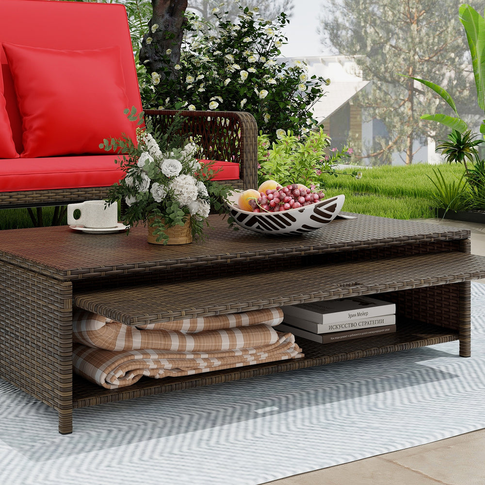 Patio wicker daybed with adjustable backrest, soft cushions, and storage ottoman, perfect for outdoor relaxation.