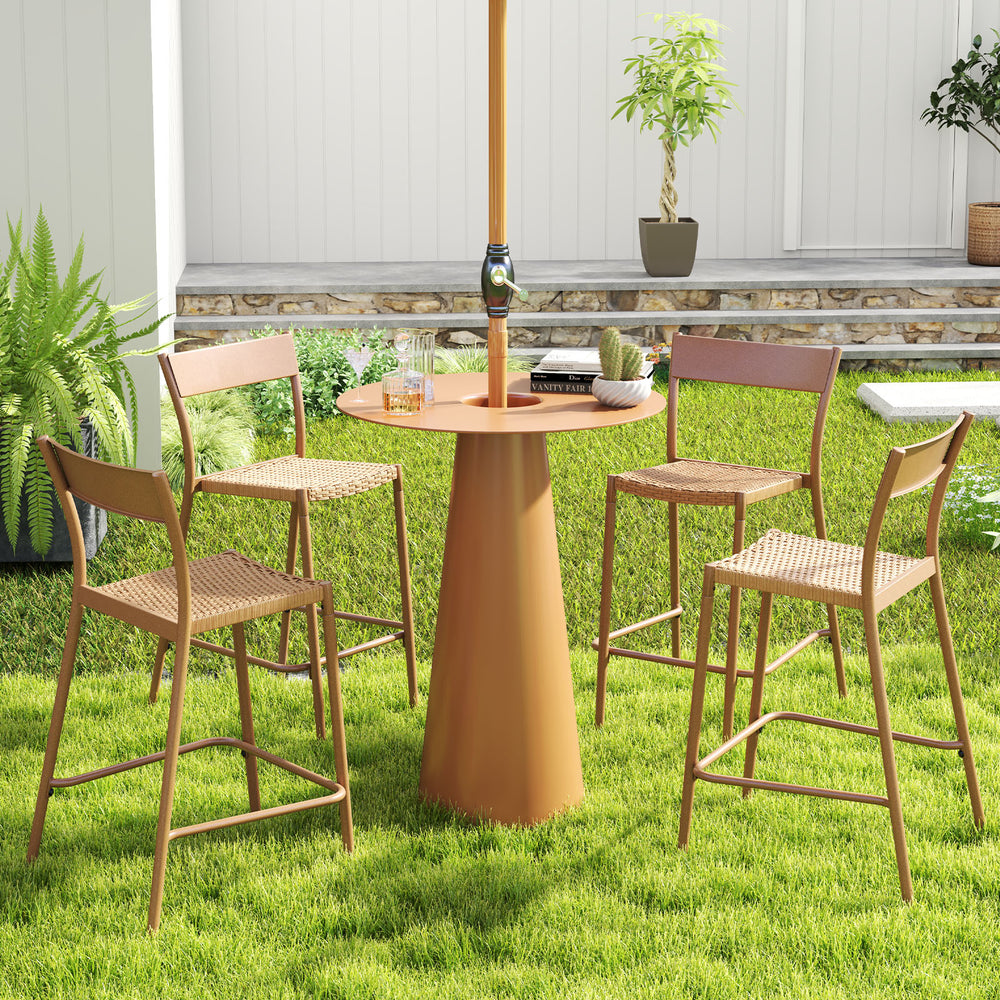 Light brown patio barstools with rattan seats and metal backrests, perfect for backyard or poolside relaxation.