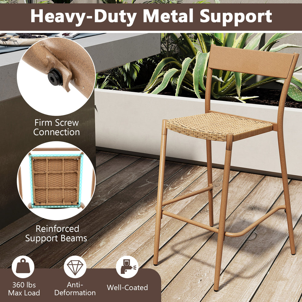 Light brown patio barstool with rattan seat and metal backrest, designed for comfort and stability, ideal for outdoor.