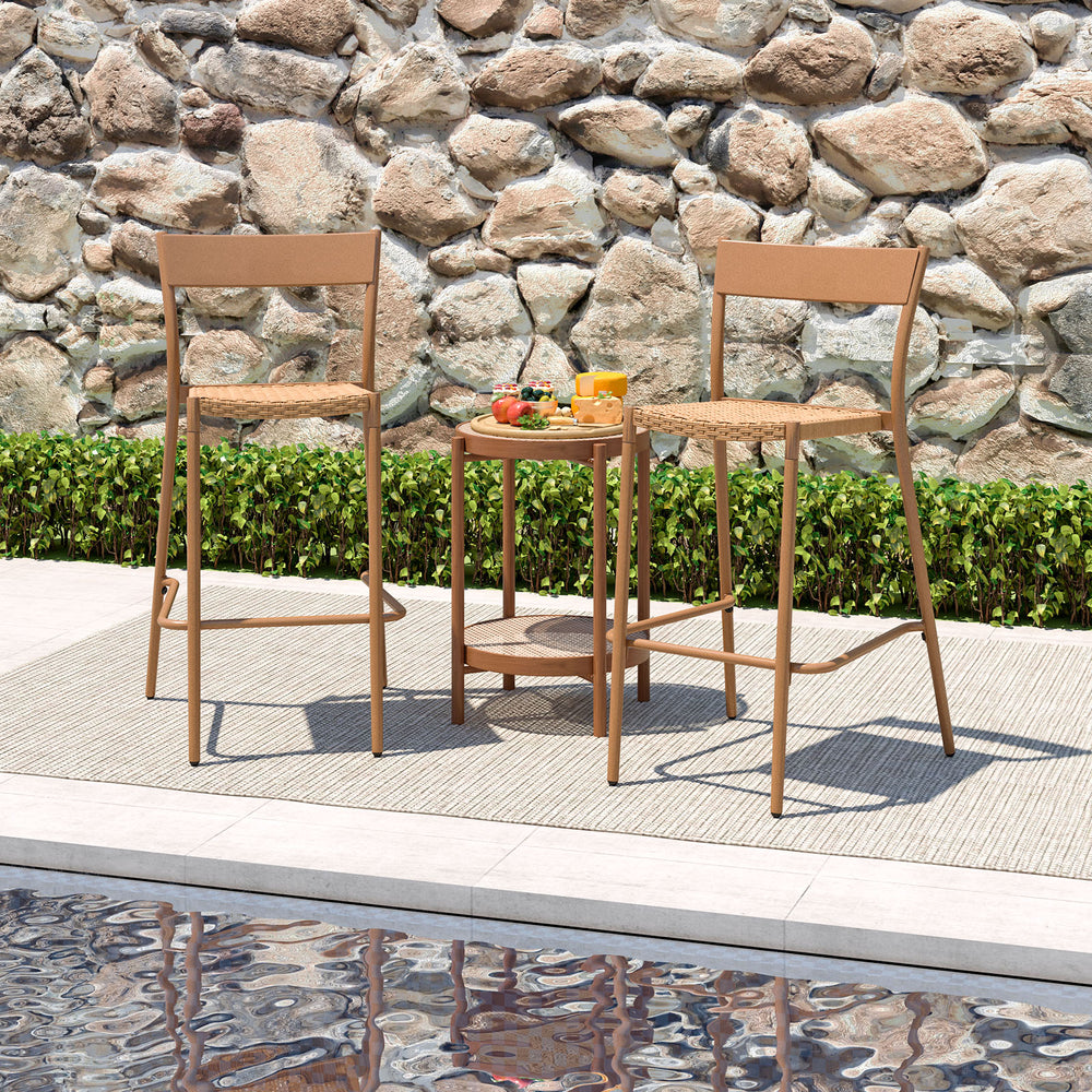 Light brown patio barstools with rattan seats and metal backrests, perfect for poolside relaxation and backyard.