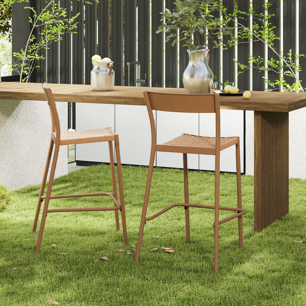 Light brown patio barstools with rattan seats and metal backrests, ideal for backyard or poolside relaxation.