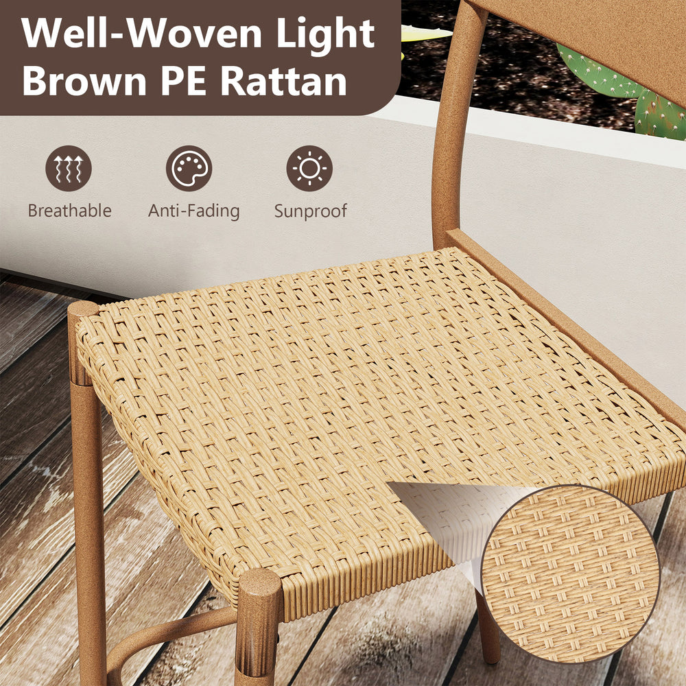 Light brown PE rattan seat of a patio barstool, featuring a robust metal frame, ideal for backyard relaxation.