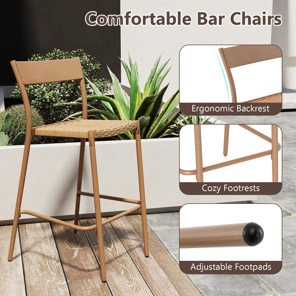 Light brown patio barstool with rattan seat, metal backrest, and adjustable footpads, ideal for backyard relaxation.