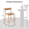 Light brown patio barstool with rattan seat and metal backrest, ideal for backyard and poolside use. Dimensions.