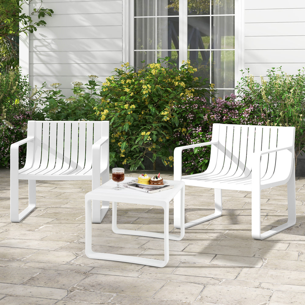 Set of 2 white patio chairs with curved backrests and slatted design, perfect for outdoor relaxation and easy.