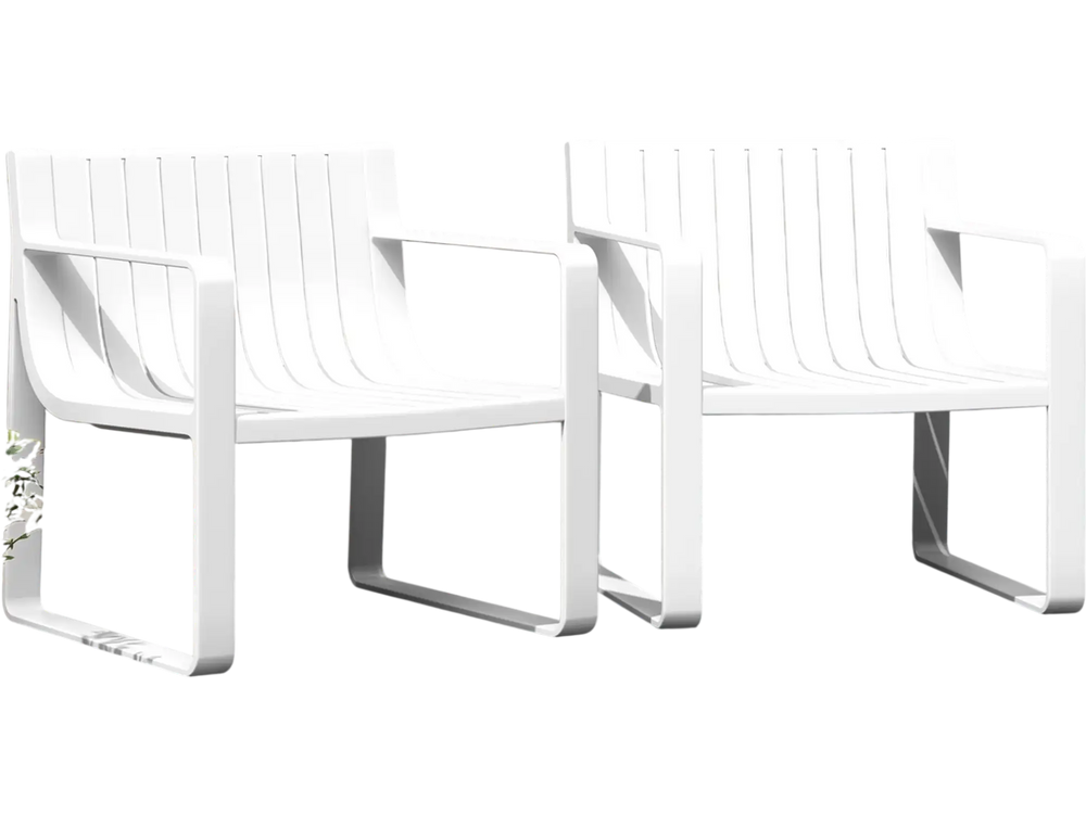 Set of 2 white patio chairs with curved backrests, slatted design, perfect for outdoor relaxation by the poolside.