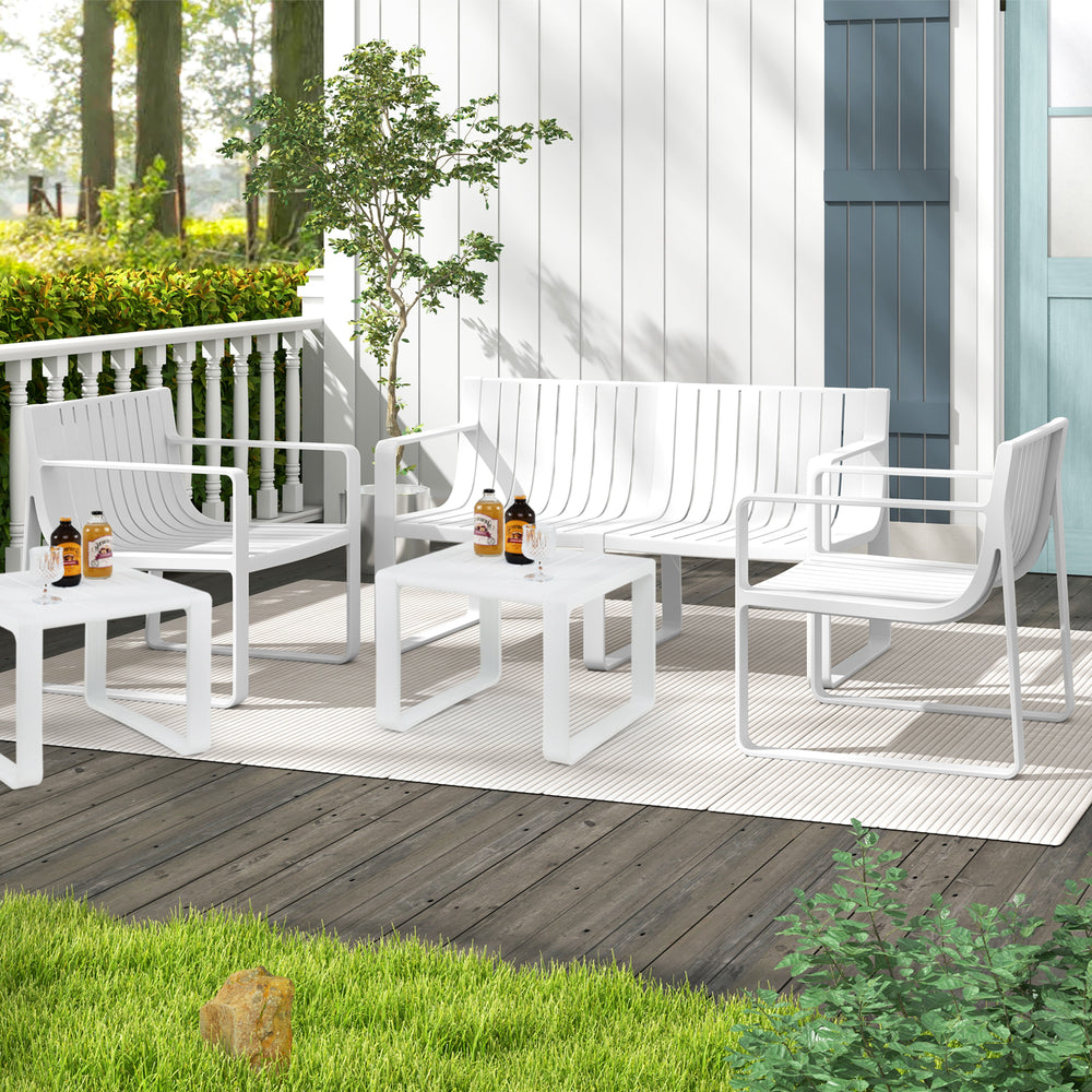 Set of 2 white patio chairs with curved backrests, ideal for outdoor use on the deck or poolside.