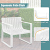 White ergonomic patio chair featuring curved backrest and wide armrests, perfect for outdoor relaxation and comfort.