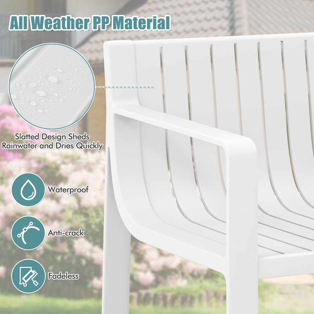 White patio chair showcasing slatted design, made of weather-resistant PP material for outdoor comfort and quick drying.
