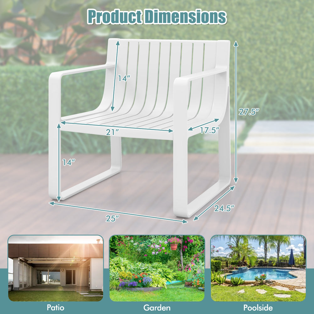 Patio chair dimensions with curved backrests in white, ideal for outdoor use in gardens, patios, and poolside settings.
