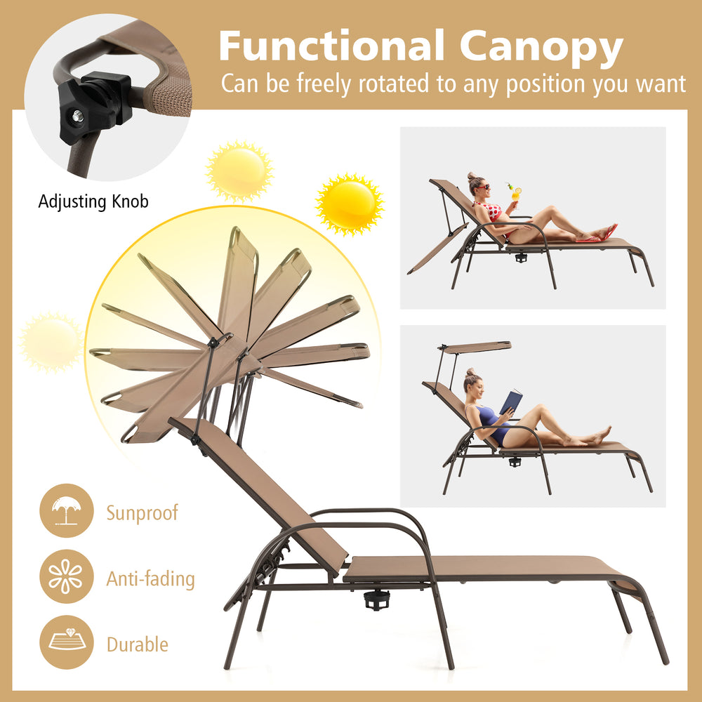 Adjustable chaise lounge chair in brown with sunproof canopy, perfect for backyard or poolside relaxation.