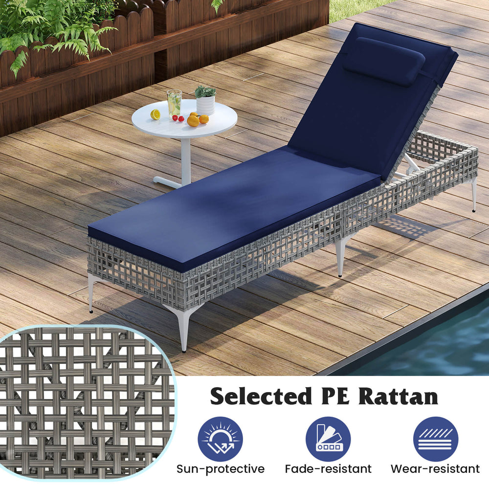 Navy patio chaise lounge chair with adjustable backrest, made of fade-resistant PE rattan, perfect for poolside.