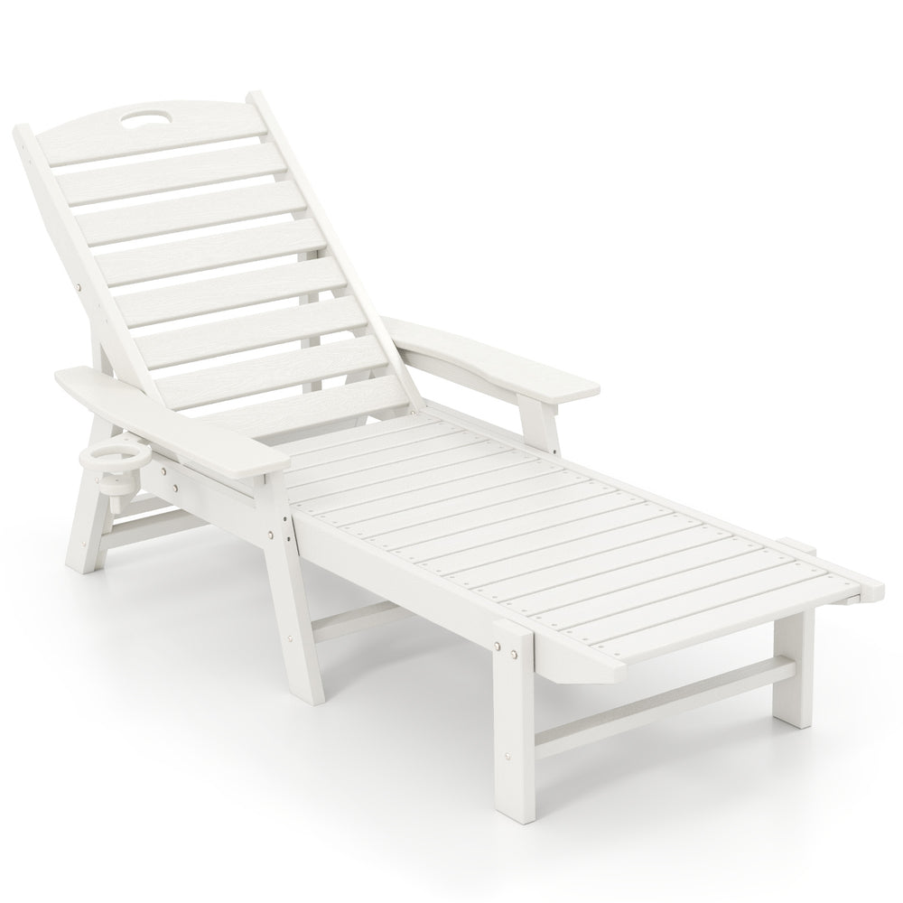 White patio chaise lounge chair with 4-position backrest, made of weatherproof HDPE, ideal for poolside relaxation.
