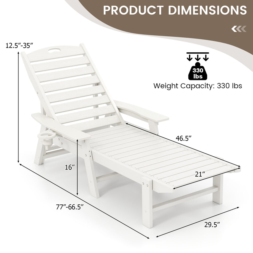 Patio chaise lounge chair dimensions with adjustable backrest, made of weatherproof HDPE, suitable for poolside.